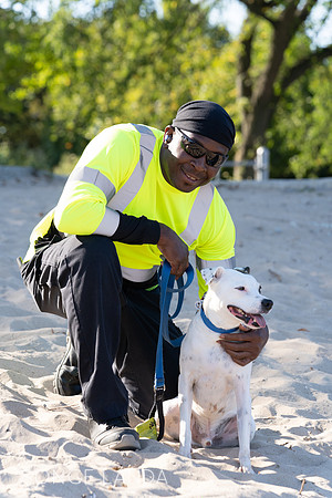 Rescue dog on beach with Evanston Crew member